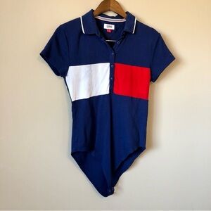 Tommy Hilfiger Jeans Colorblock 1/4 Button Bodysuit | Blue Red White | Size L